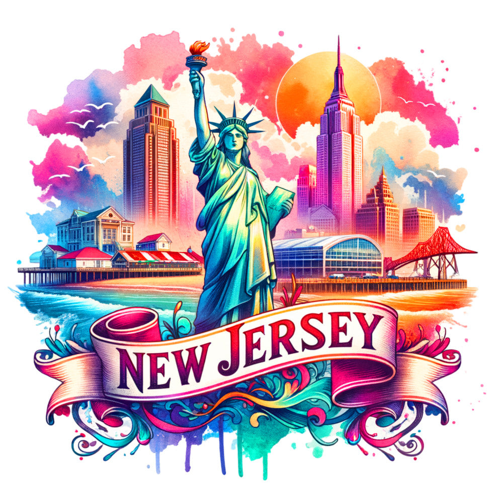 US States Retro Travel Fabric Panel 13 featuring colorful New Jersey landmarks including the Statue of Liberty and city skyline.