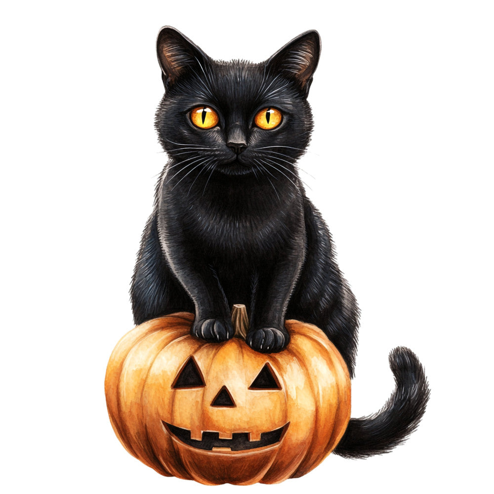 black cat, golden yellow eyes, jack-o-lantern, pumpkin face, halloween, autumn, fall, orange pumpkin, spooky, whimsical, festive, seasonal, cat lover, animal motif, black and orange, holiday themed, trick-or-treat, october, carved pumpkin, cat with pumpkin, playful, mischievous, home decor, wall hanging, seasonal decoration, creepy cute, folk art style