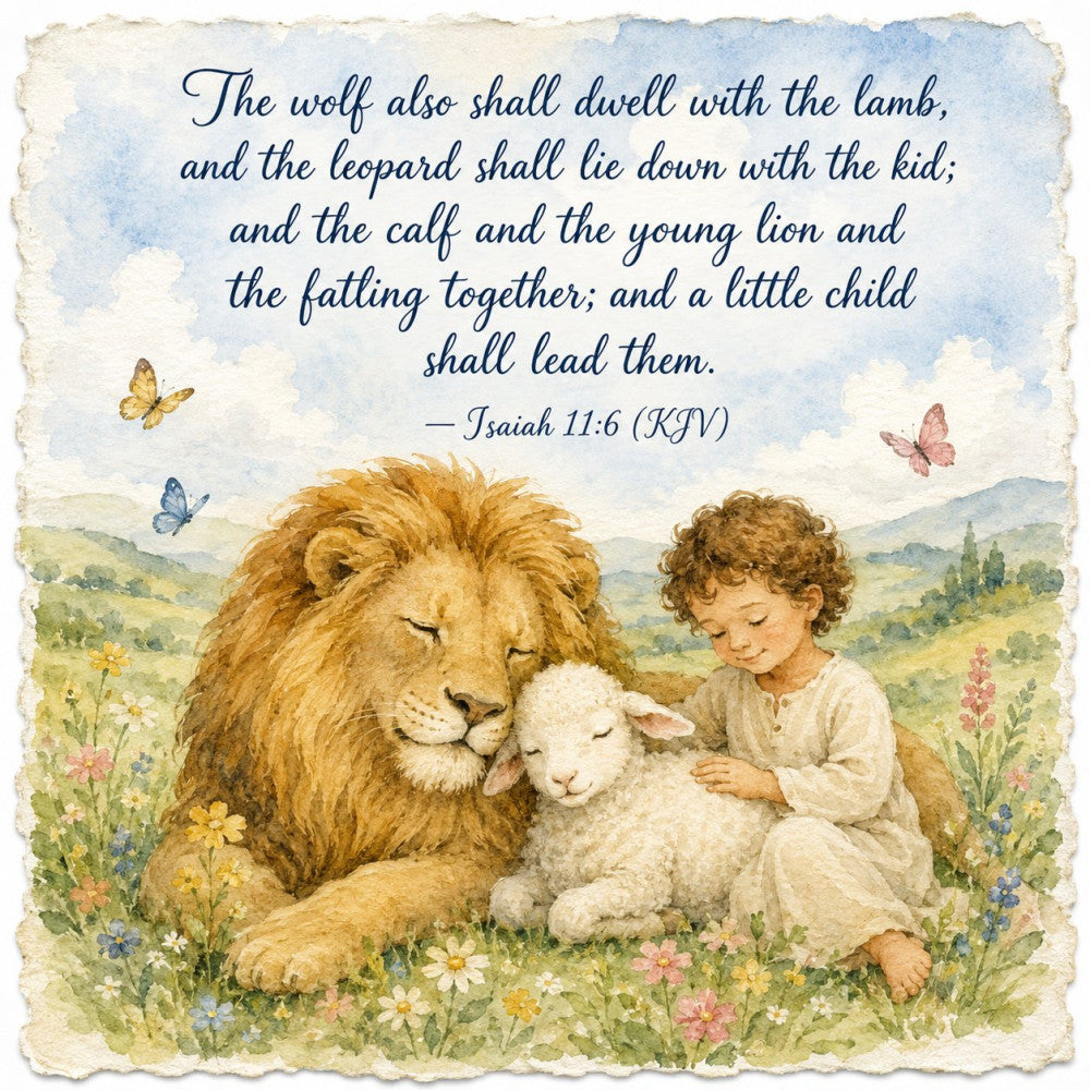 biblical verse, soft pastels, cream, soft blue, pale green, golden brown, lamb, lion, child, animals, nature, peaceful, whimsical, gentle, inspirational, religious, scripture quote, Isaiah, peaceful coexistence, harmony, innocence, soft watercolor, storybook illustration, vintage illustration, nursery, baby, children's theme, pastoral, meadow, wildflowers