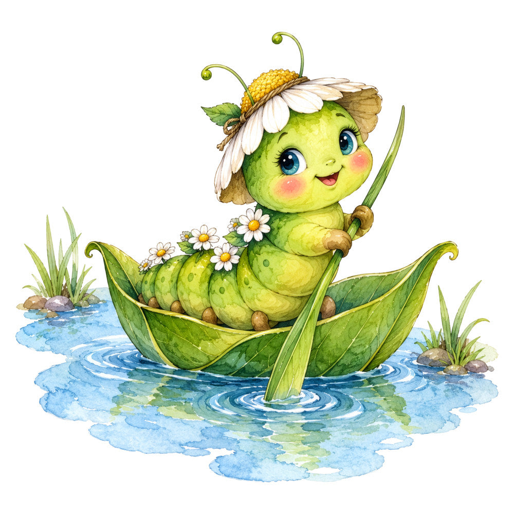 lime green, yellow, white, blue, spring, whimsical, caterpillar, insects, nature, garden, flowers, daisies, water, pond, cute, children, baby, playful, fantasy, magical, animal character, botanical, pastoral, cheerful, friendly, illustrative, storybook, fairy tale, interactive panel