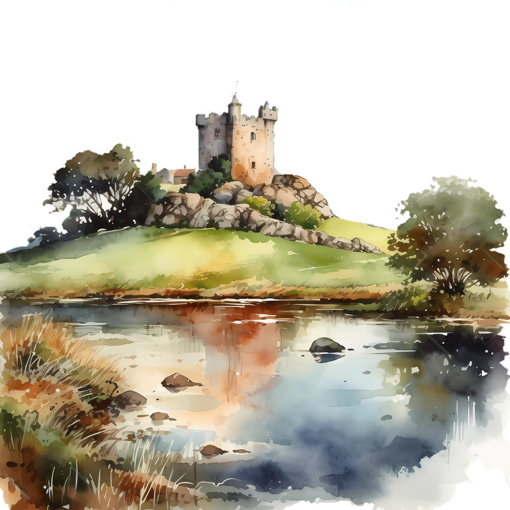 castle, medieval, watercolor, landscape, countryside, stone tower, architectural, fantasy, storybook, whimsical, rustic, sage green, cream, golden yellow, soft blue, muted tones, pastoral, river, water reflection, rolling hills, trees, nature, vintage, traditional, illustration style, English countryside, romantic, peaceful, scenic, detailed
