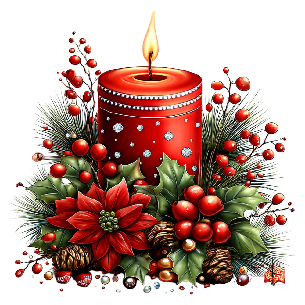 red candle, christmas, holiday, poinsettia, holly berries, evergreen, festive, elegant, traditional, winter, pearl beads, rhinestones, decorative, burgundy red, deep red, forest green, gold accents, bronze, ornamental, seasonal, vintage, luxe, embellished, sparkly, decorative candle, berries and branches, nature-inspired, timeless, formal