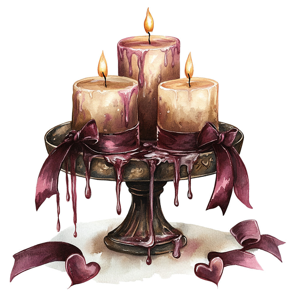 burgundy, maroon, cream, beige, candles, melting wax, ornate candlestick, ribbons, romantic, gothic, dripping wax, flames, decorative stand, fabric panel, quilting cotton, moody atmosphere, vintage style, elegant design, dark romance, watercolor effect