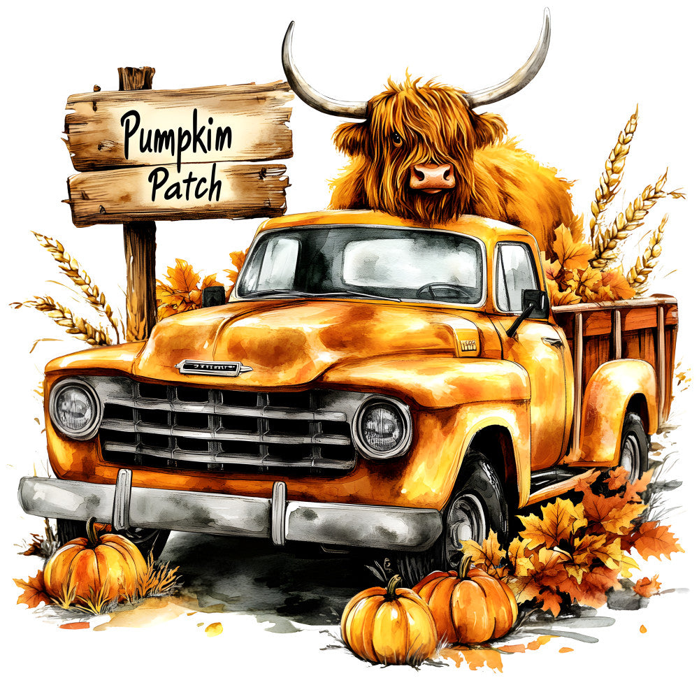 Highland Cows in Vintage Trucks Fabric Panel 6 featuring a rustic orange truck with a Highland cow and pumpkins by a pumpkin patch sign.