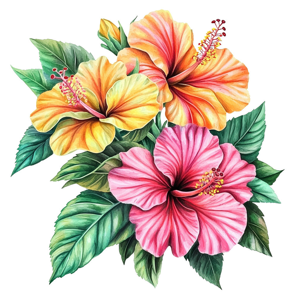 hibiscus flowers, tropical blooms, pink petals, orange petals, yellow gradients, coral tones, green leaves, botanical illustration, watercolor style, hawaiian motifs, tropical paradise, fabric panel, quilting cotton, floral design, exotic flowers, stamens visible, lush foliage, island vibes, summer florals, vibrant colors