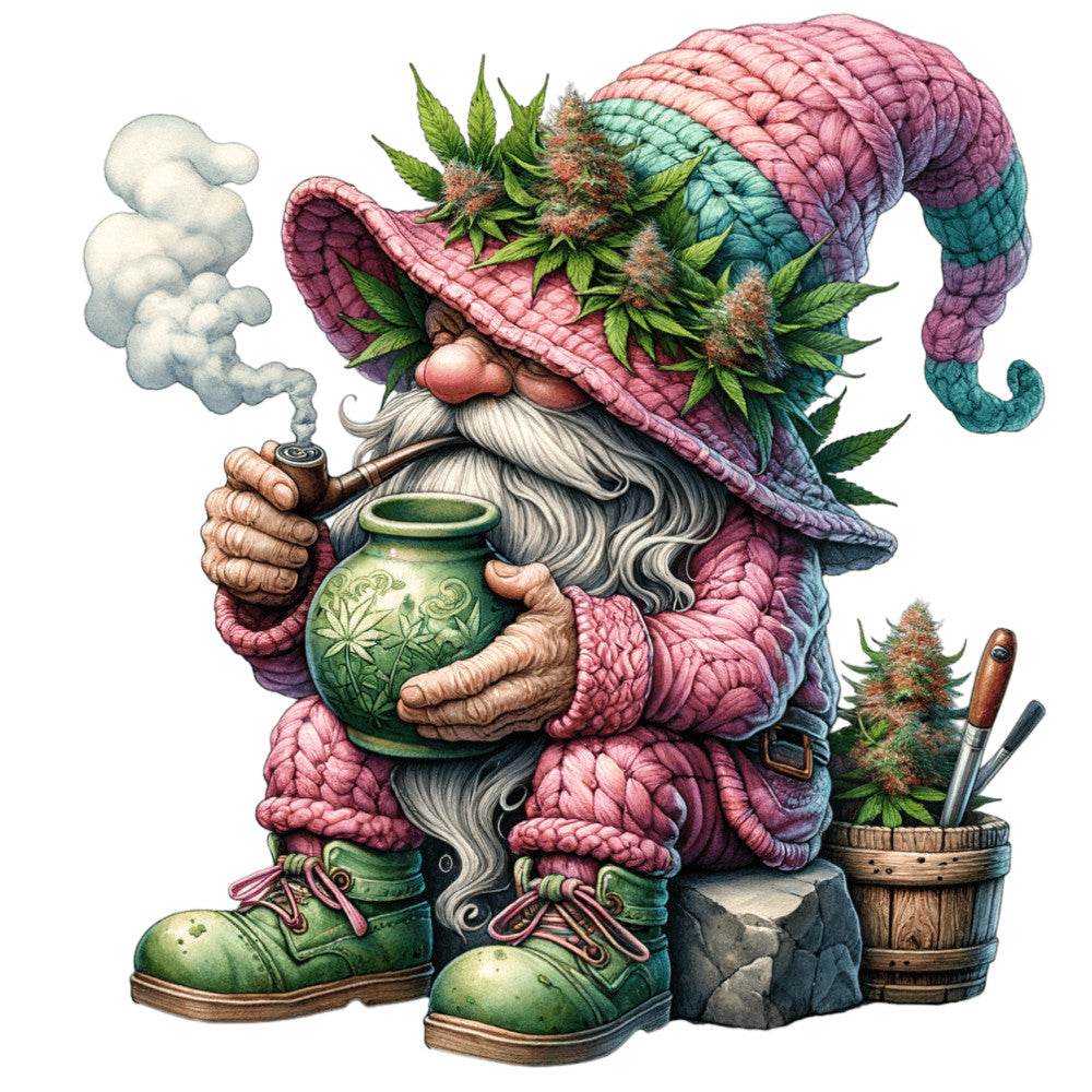 fabric panel, garden gnome, cannabis leaves, marijuana motifs, whimsical illustration, smoking pipe, colorful hat, pink knitted cap, green boots, white beard, fantasy character, detailed artwork, quilting cotton, craft project, novelty design, emerald green, dusty rose, purple accents, stoner gnome, decorative panel