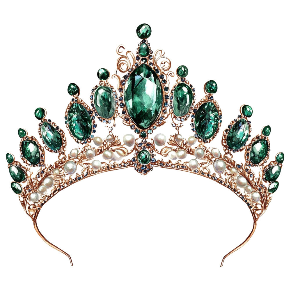 emerald green, forest green, pearl white, rose gold, cream, oval gems, faceted stones, crown, tiara, royal, elegant, vintage, ornate, jeweled, baroque, regal, luxury, pearls, gemstone, majestic, sophisticated, formal wear, pageant, princess, costume, embellished, decorative motifs, intricate detail, metallic gold