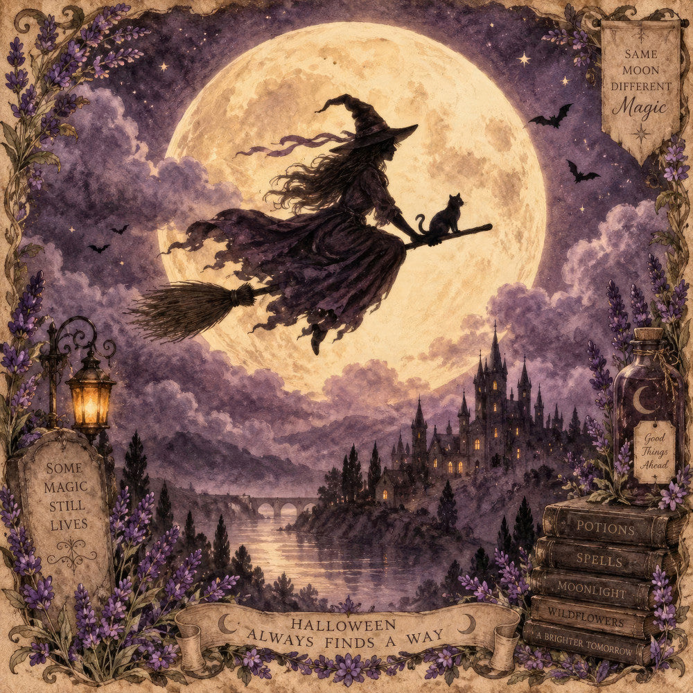 witch, halloween, moon, full moon, purple, lavender, cream, gold, celestial, magical, whimsical, vintage, gothic, spooky, broomstick, black cat, castle, moonlight, stars, clouds, enchanted, fantasy, autumn, holiday, dark moody, elegant, ornate, floral borders, mystical, witch flying on broomstick