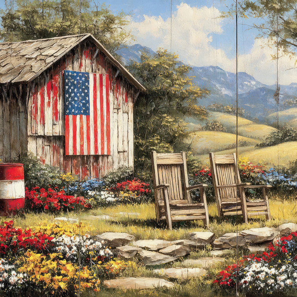 american flag, patriotic, red white blue, barn, farmhouse, rustic, countryside, mountain landscape, rocking chairs, wildflowers, red flowers, yellow flowers, white flowers, blue flowers, cottage core, vintage americana, pastoral, scenic, nature themed, traditional, summer, spring, home decor, wall hanging, landscape panel, americana style, folk art, weathered wood, rolling hills, mountain scenery