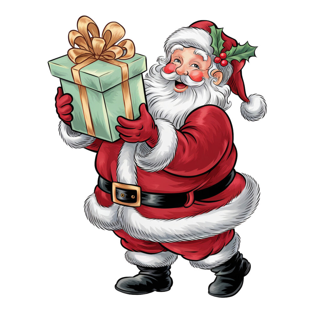 santa claus, christmas character, red suit, white beard, gift box, green present, gold ribbon, holly leaves, red berries, santa hat, black boots, red gloves, jolly expression, holiday theme, winter character, fabric panel, quilting cotton, christmas sewing, festive design, cartoon style