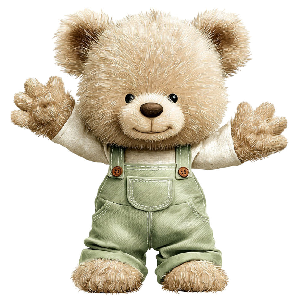 teddy bear, cream, sage green, tan, beige, adorable, cute, whimsical, children's, baby, nursery, animal, toy bear, dressed bear, overalls, vintage style, charming, playful, storybook, illustration, decorative panel, wall hanging, baby quilt, gender neutral, soft colors, classic teddy, childhood, sweet, endearing, buttons
