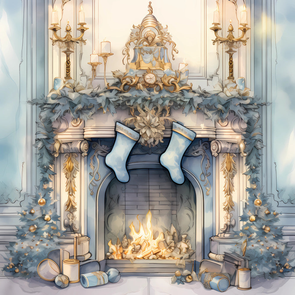 Light Blue and Gold Christmas Fabric Panel 33