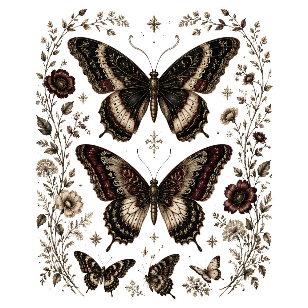 black and cream, dark brown, burgundy, gold metallic, butterfly, floral, vintage, botanical, nature, elegant, traditional, ornate, damask, romantic, flowers, insects, decorative, spring, summer, ethereal, detailed illustration, naturalist, sepia tone, dark academia, steampunk, antique, classical, detailed wings, delicate patterns