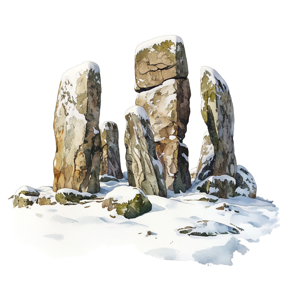 winter landscape, stone circle, ancient stones, watercolor style, snow covered, muted earth tones, beige, gray, brown, olive green, fabric panel, quilting cotton, scottish highlands, prehistoric monument, standing stones, serene mood, nature scene, archaeological site, cotton fabric, winter scenery