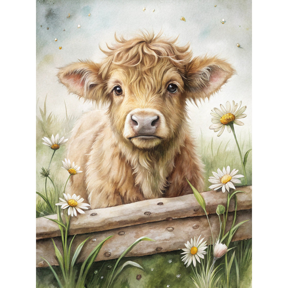 highland cow, cattle, brown tones, beige, cream, golden blonde, white daisies, yellow centers, green grass, pastoral scene, wooden fence, farm animal, watercolor style, soft artwork, fabric panel, quilting cotton, country theme, meadow flowers, gentle expression, rustic charm