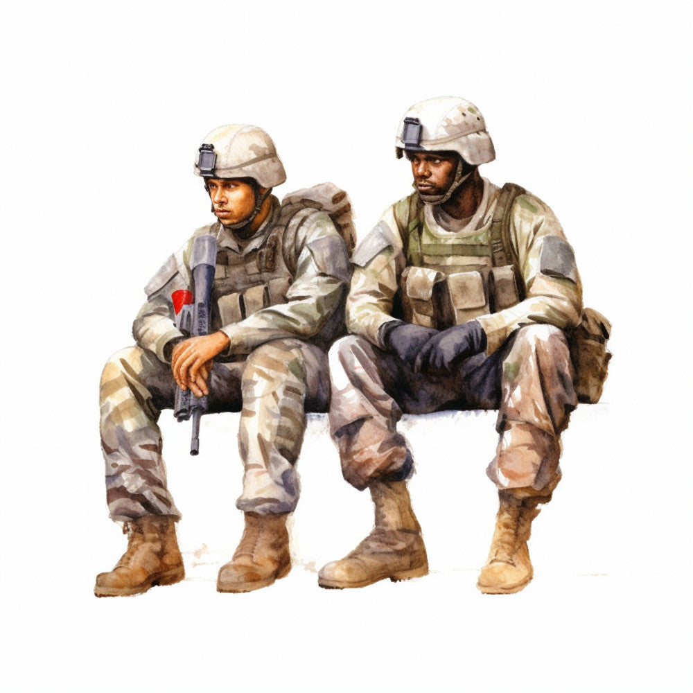 military, soldiers, desert camouflage, tan, khaki, beige, brown, gray, olive green, cream, desert theme, armed forces, patriotic, men, uniforms, tactical gear, combat, action, realistic, illustration, figurative, modern military, contemporary, veterans, service, heroic, wall hanging, home decor, tribute, honor