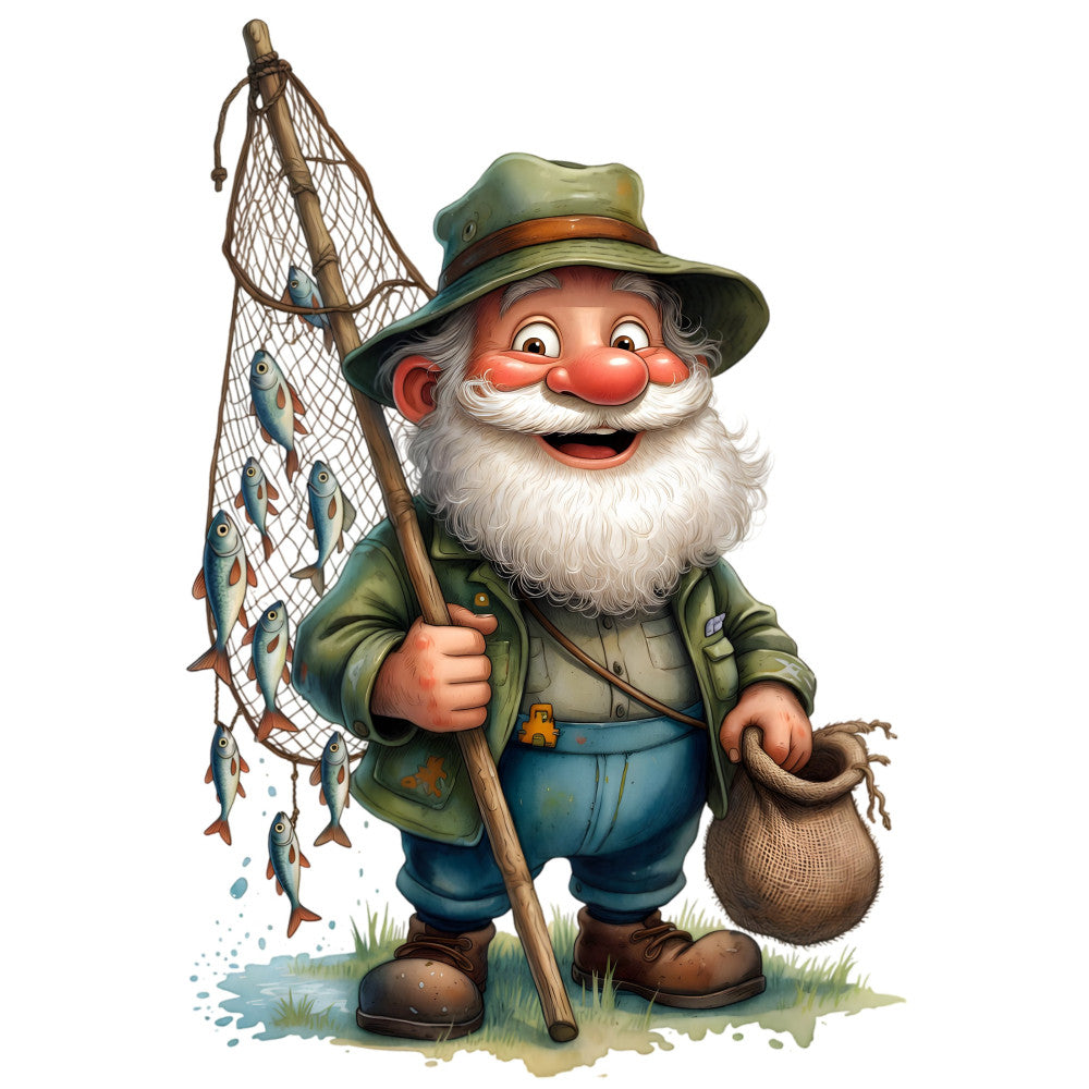 fisherman, fishing, gnome, garden gnome, whimsical, vintage, folk art, forest green, sage green, blue, rust orange, brown, cottage core, rustic, character print, novelty, outdoor themed, nature, fish net, catch of the day, bearded gnome, storybook, children's, pastoral, traditional, harvest themed, countryside