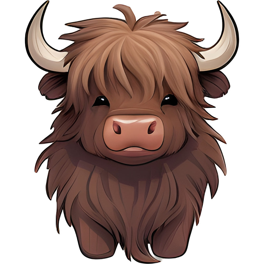 brown, tan, cream, chocolate brown, animal, highland cattle, highland cow, cute, whimsical, cartoon, farm animal, scottish, rustic, farmhouse, long horns, shaggy hair, kawaii, children's, playful, folk art, adorable, quirky, rustic charm, pastoral, country style, animal character, illustration style