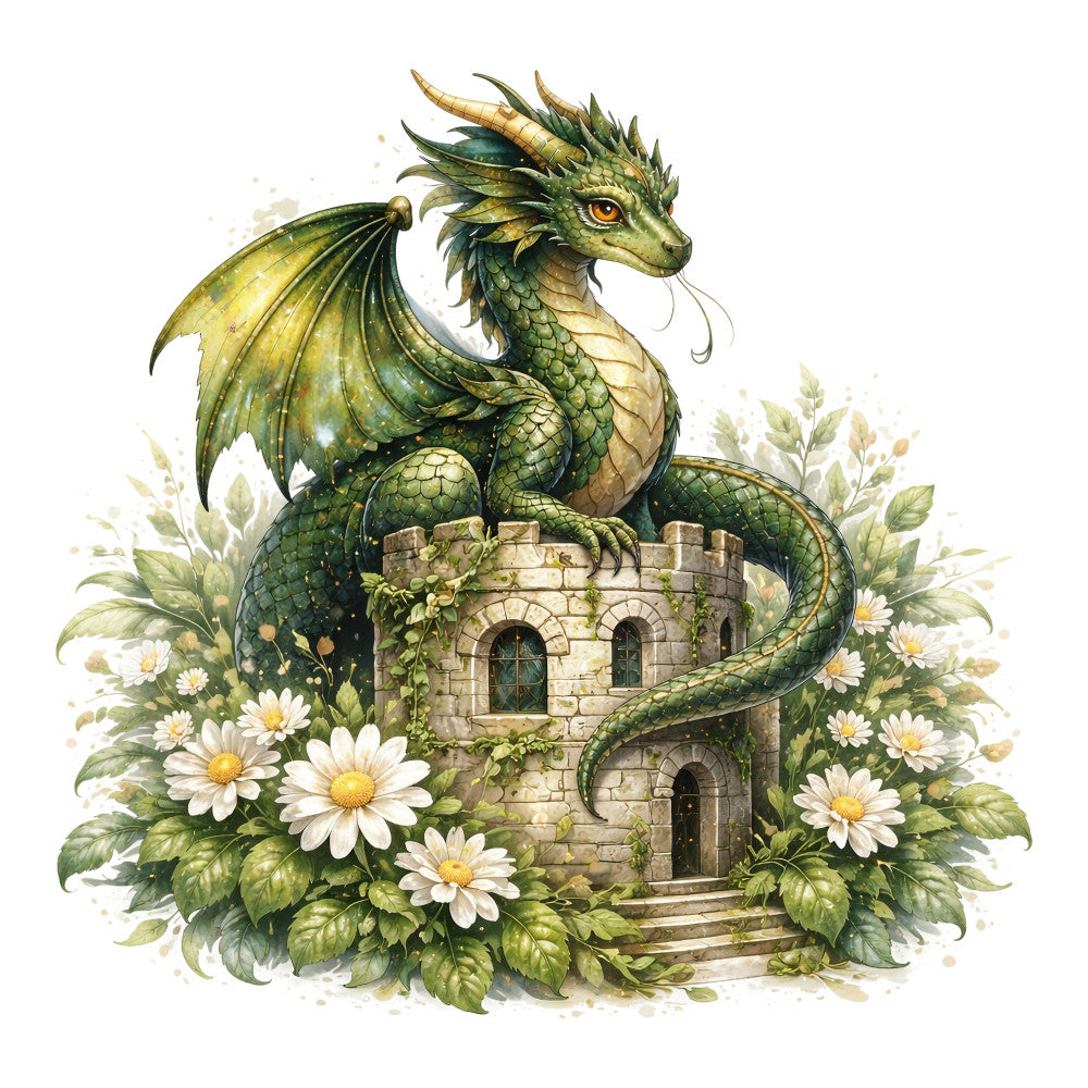 forest green, sage green, cream, golden yellow, white, floral, dragon, fantasy, castle, nature, whimsical, elegant, botanical, daisies, daisy flowers, magical, storybook, vintage, enchanted, tower, stone castle, wings, scales, horns, spring, summer, garden, fairytale, decorative panel, wall hanging