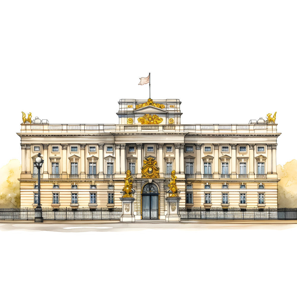 cream, gold, pale yellow, beige, tan, architectural, building, palace, neoclassical, elegant, vintage, traditional, historic, landmark, british, government, monument, classical architecture, ornate, decorative, formal, sophisticated, heritage, stately home, fan motif, urn motif, flag, patriotic, wall hanging, home décor