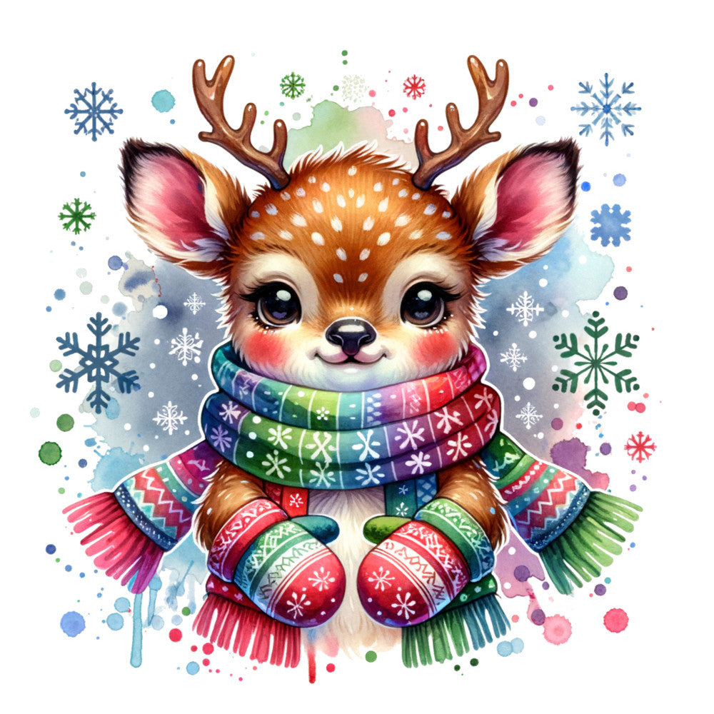 reindeer, fawn, deer, winter, christmas, holiday, scarf, mittens, snowflakes, brown, orange, pink, blue, green, red, rainbow colors, watercolor, cute, whimsical, fabric panel, quilting cotton, woodland animals, festive, colorful, baby animal, antlers, winter accessories