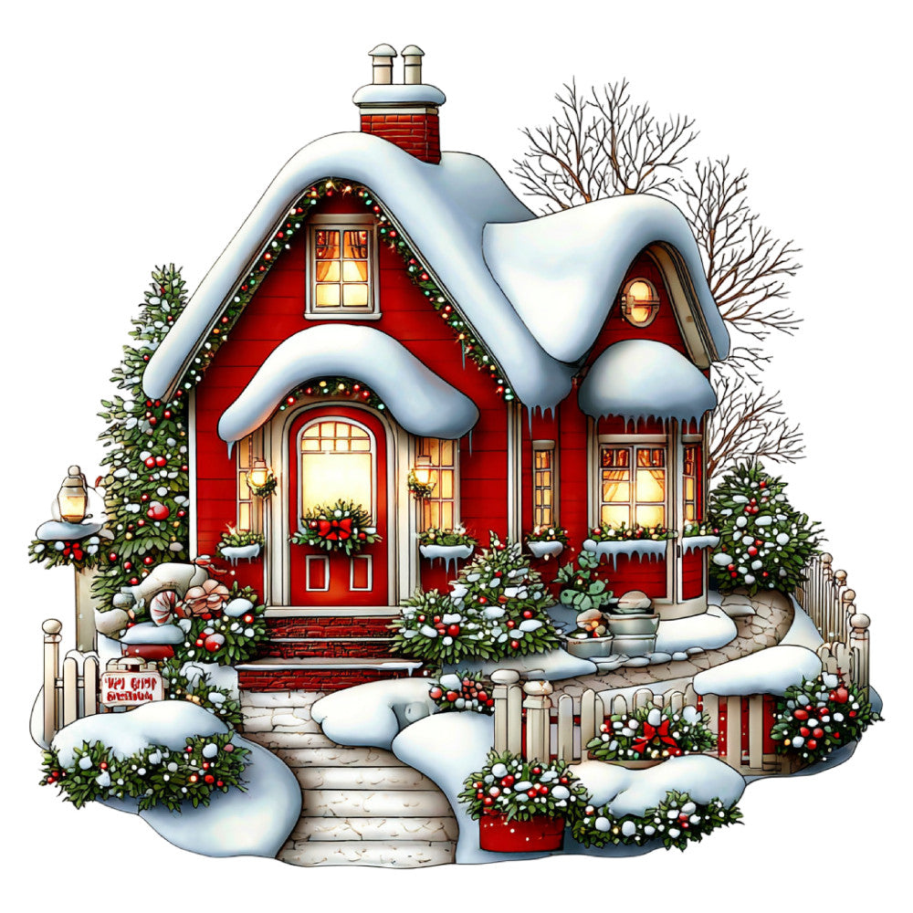red cottage, snow, winter, christmas, holiday, festive, snowy roof, gingerbread house, whimsical, traditional, cozy, cream, white, forest green, berry red, brick red, charming, storybook, seasonal, christmas decorations, garland, wreaths, windows, door, rustic, cottage core, fairytale, winter scene, holiday home, nostalgic