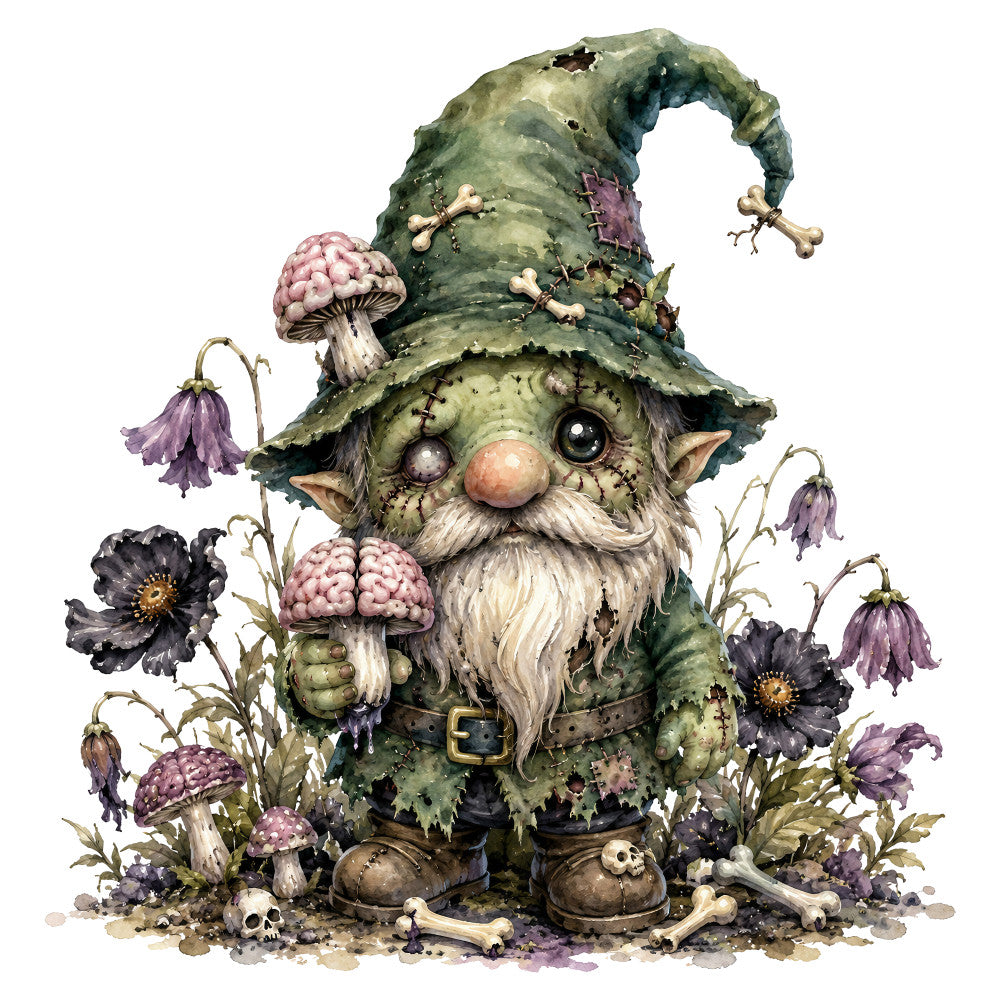 whimsical gnome, forest green, dusty purple, sage green, mushroom, gothic fantasy, dark fantasy, woodland, nature, flowers, skull, bones, cottage core, dark academia, mushrooms with pink caps, wilting flowers, vintage illustration, storybook art, character panel, halloween, autumn, fantasy creatures, magical, dark whimsical, pointed hat, woodland gnome, dead flowers, gothic botanical, earthy tones, cream white