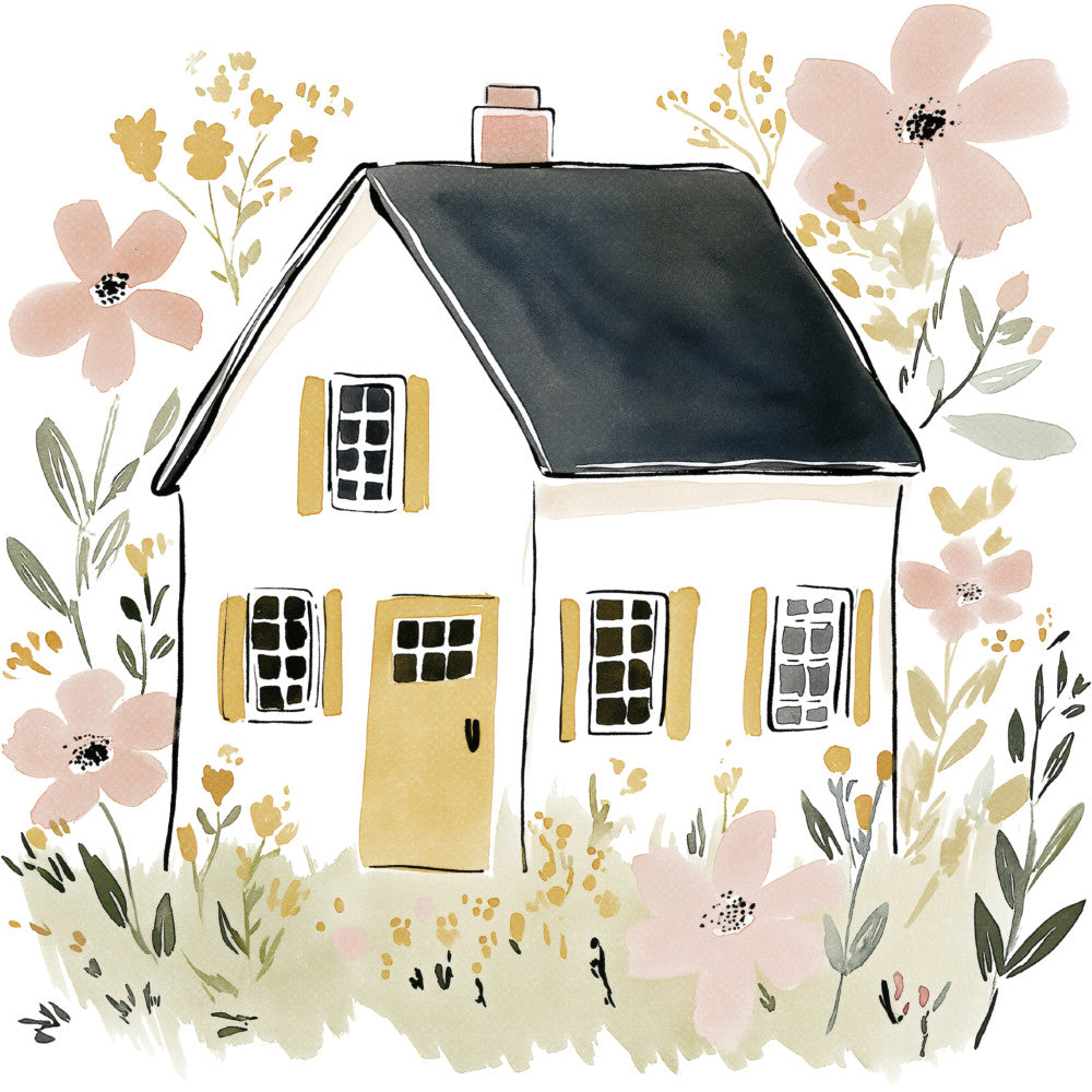 cottage core, floral, flowers, house, home, botanical, nature, spring, pastels, blush pink, dusty rose, cream, charcoal gray, golden yellow, whimsical, rustic, farmhouse, cottage, watercolor, illustrated, leaves, foliage, wildflowers, garden, countryside, sweet home, panel, wall hanging, decorative, illustration