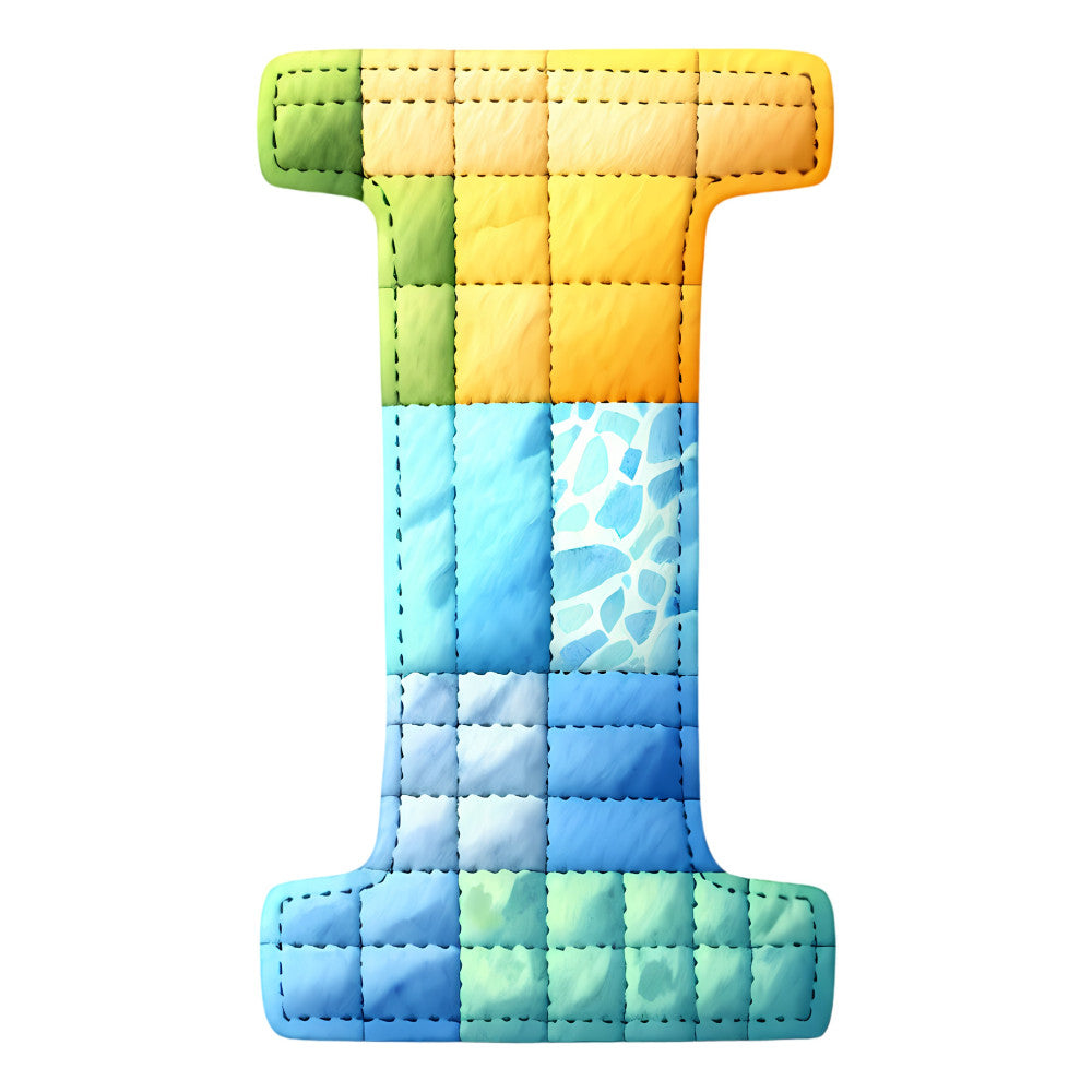 letter i, alphabet, quilted, patchwork, gradient, ombre, color block, lime green, yellow, orange, light blue, navy blue, turquoise, seafoam green, educational, learning, monogram, geometric, modern, whimsical, children's, baby, playful, bright, vibrant, multi-color, rainbow gradient, instructional, nursery