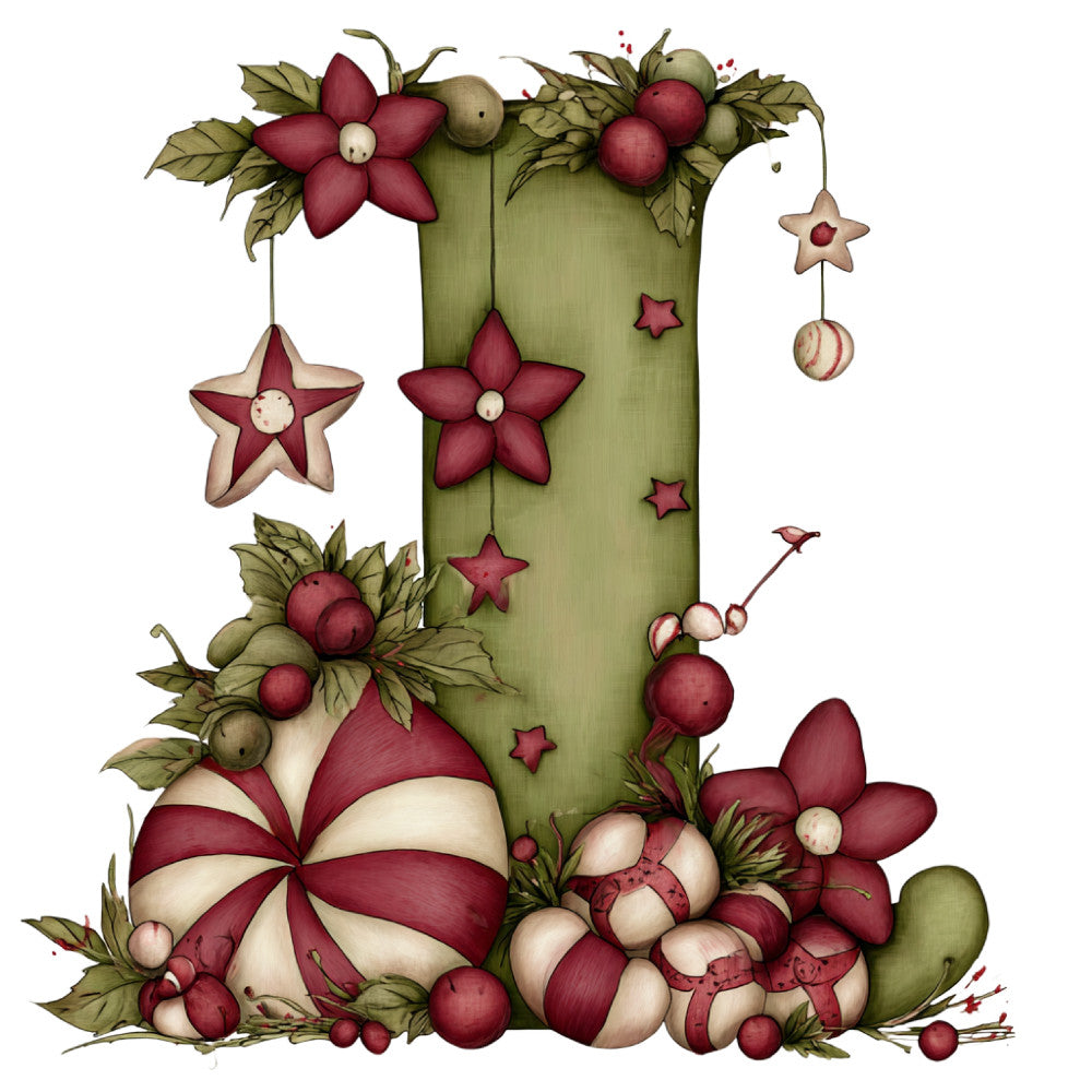 dusty rose, cream, sage green, olive green, burgundy, wine red, christmas, holiday, vintage, whimsical, rustic, floral, flowers, stars, ornaments, baubles, striped candy, peppermint, festive, decorative, traditional, botanical, leaves, berries, hanging ornaments, seasonal, winter, elegant, folk art style