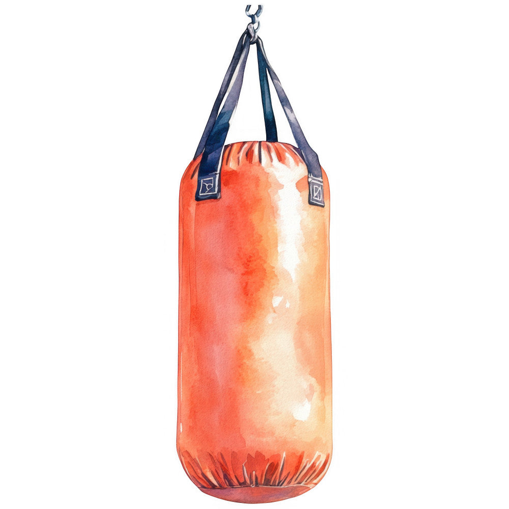 punching bag, boxing, sports, training equipment, red, orange, navy blue, cream white, gradient, ombre, watercolor, athletic, fitness, gym, action sports, sporty, realistic, illustration, hanging bag, exercise, workout, modern, casual, masculine, strength training, combat sports, sport illustration, dynamic