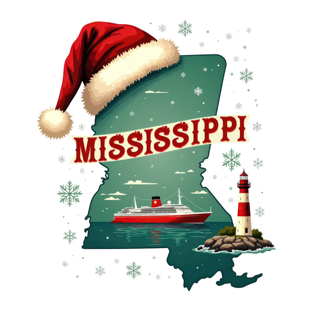 Christmas US States Fabric Panel 27 features Mississippi outline with Santa hat, ship, lighthouse, and snowflakes on premium quilting cotton.