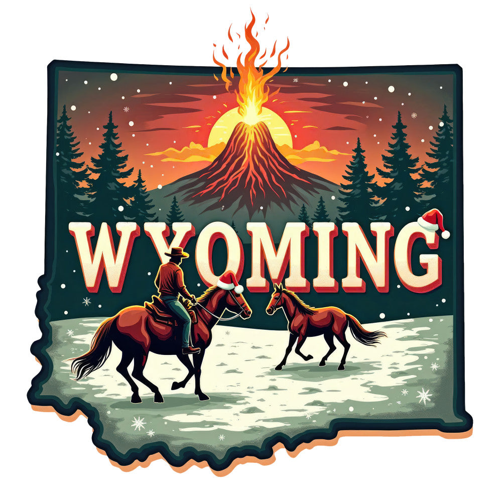 Christmas US States Fabric Panel 1 featuring Wyoming silhouette with cowboy, horse, erupting volcano, and festive winter scene.