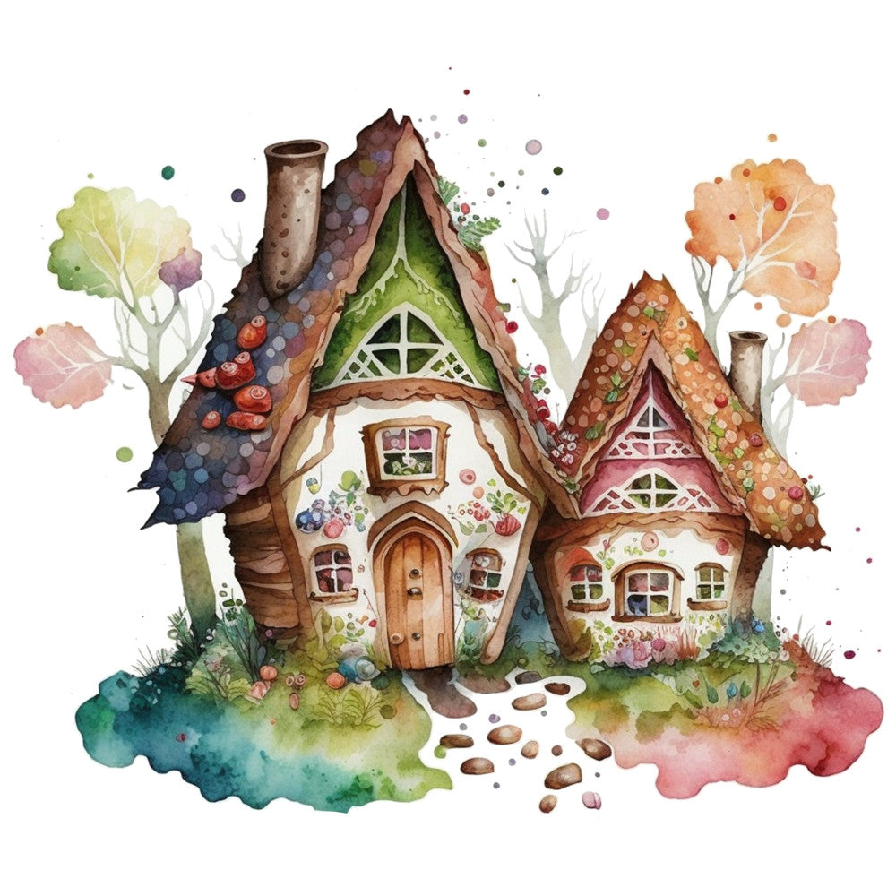 whimsical, fairy tale, gingerbread house, mushroom house, fantasy cottage, woodland, nature, trees, autumn, fall, watercolor, painted, magical, storybook, children's, nursery, pastel, dusty rose, sage green, coral pink, golden orange, cream, blush, watercolor texture, cottage core, fantasy theme, enchanted forest, decorative panel, wall art, childrens quilt