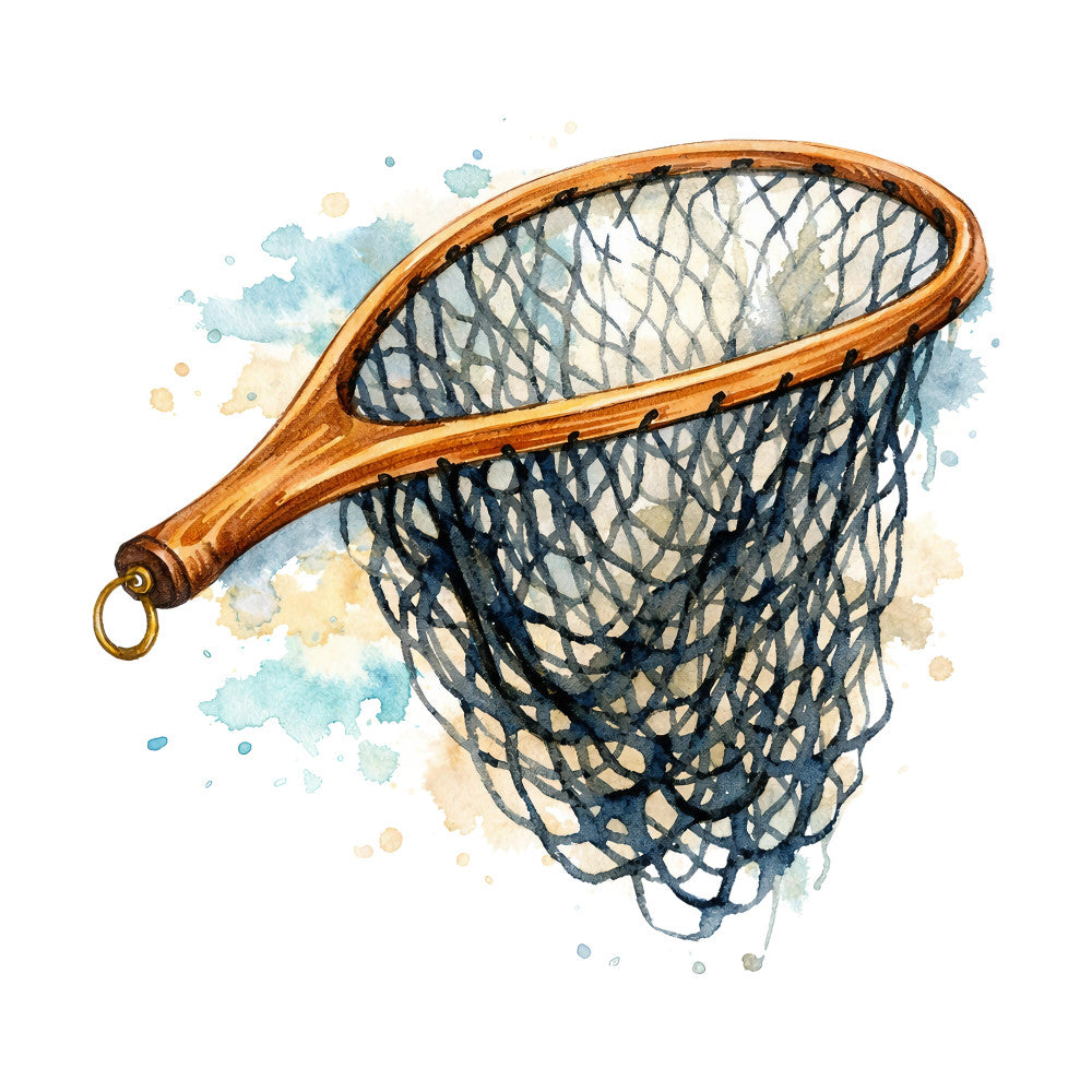 fishing net, fish net, nautical, coastal, watercolor, blue, navy blue, cream, tan, beige, watercolor splashes, artistic, nature, outdoor, fishing theme, vintage, rustic, elegant, whimsical, sports, hobby, summer, spring, wall art, home decor, nature-inspired, brown wood, natural materials, impressionist