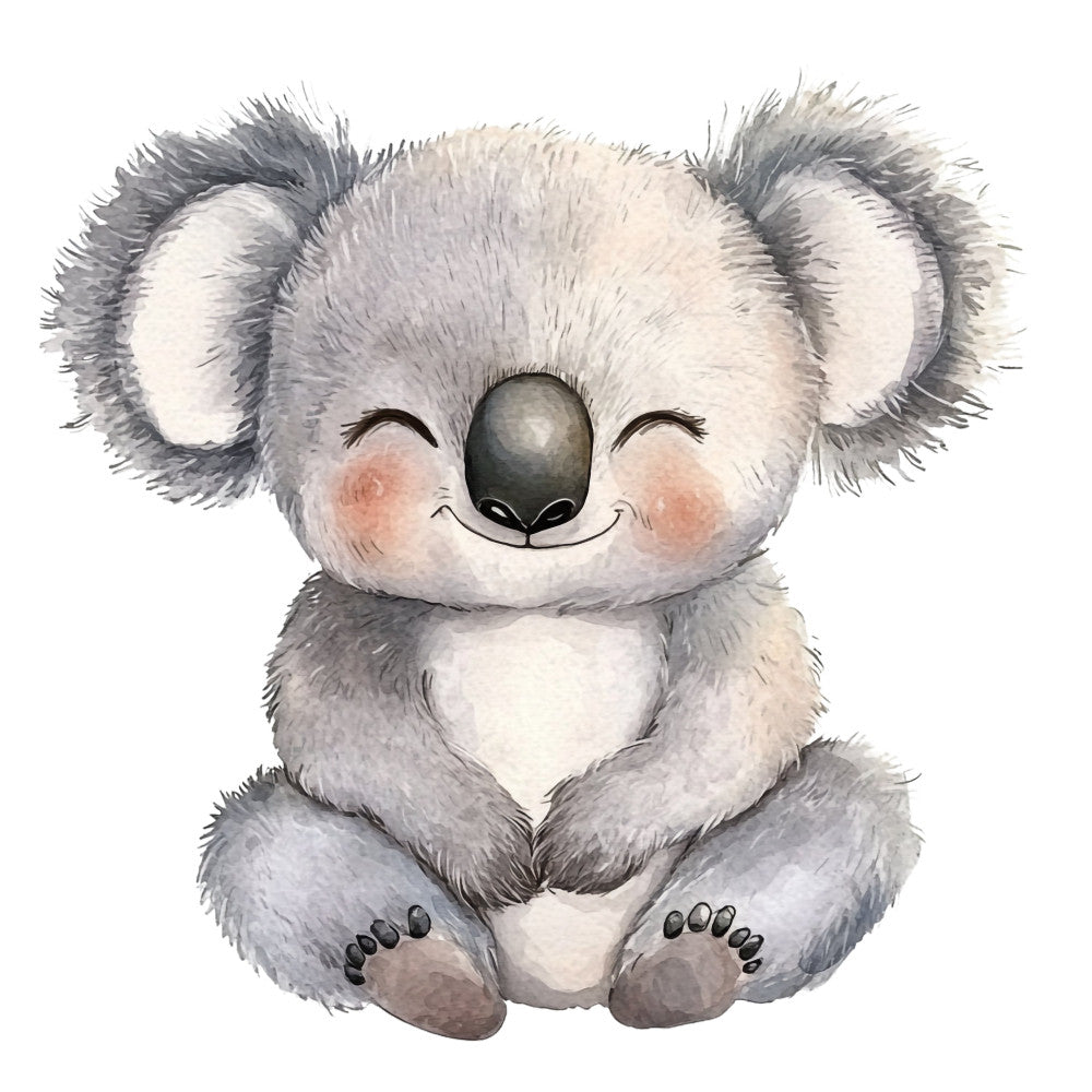 cute koala, gray, soft gray, white, cream, pale gray, charcoal, blush pink, animals, wildlife, baby animals, nursery, whimsical, children's, playful, gentle, sweet, adorable, sitting koala, fuzzy texture, soft style, modern, illustration, watercolor style, baby quilt, children's fabric, nursery decor, friendly animals, peaceful, calming