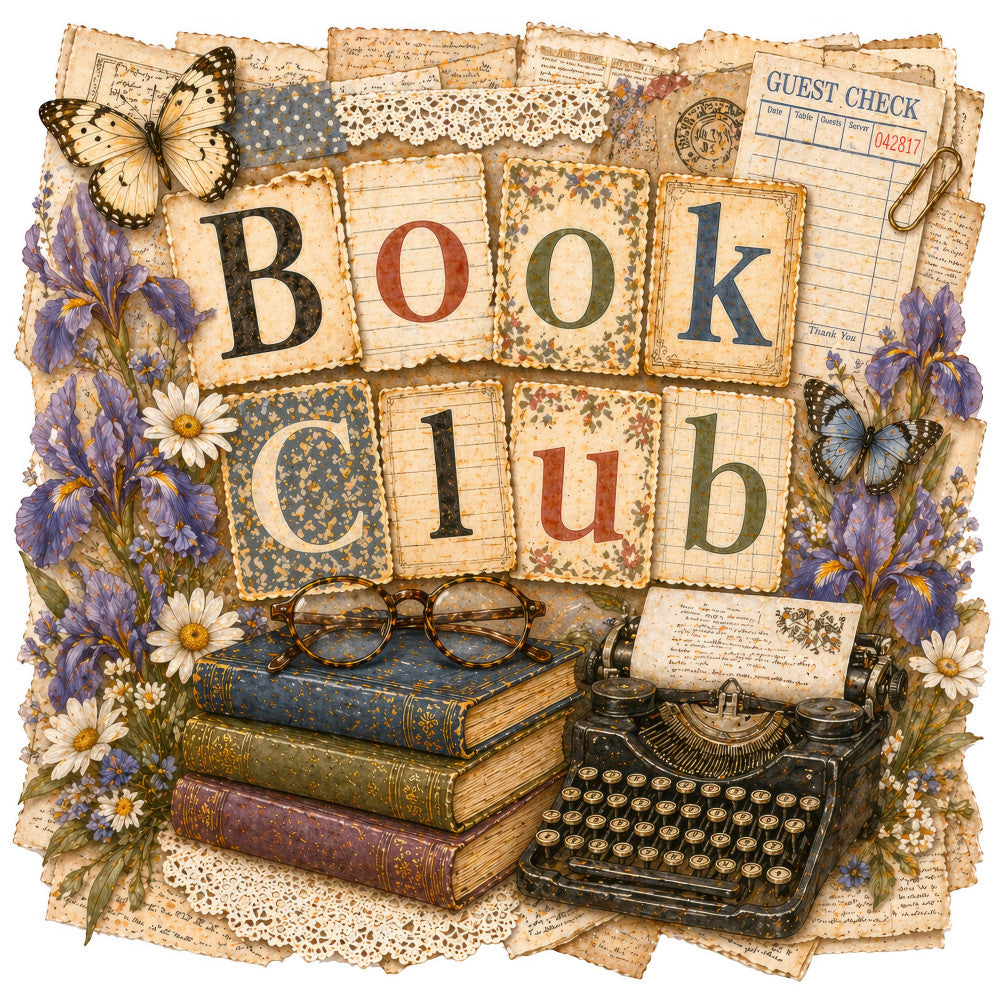 vintage book club, antique, nostalgic, cream, tan, gold, purple iris, blue, rust red, green, floral, butterflies, daisies, typewriter, books, reading, literary, ephemera, lace, guest check, eyeglasses, steampunk, victorian, shabby chic, romantic, whimsical, elegant, cottage core, mixed media, multi-motif