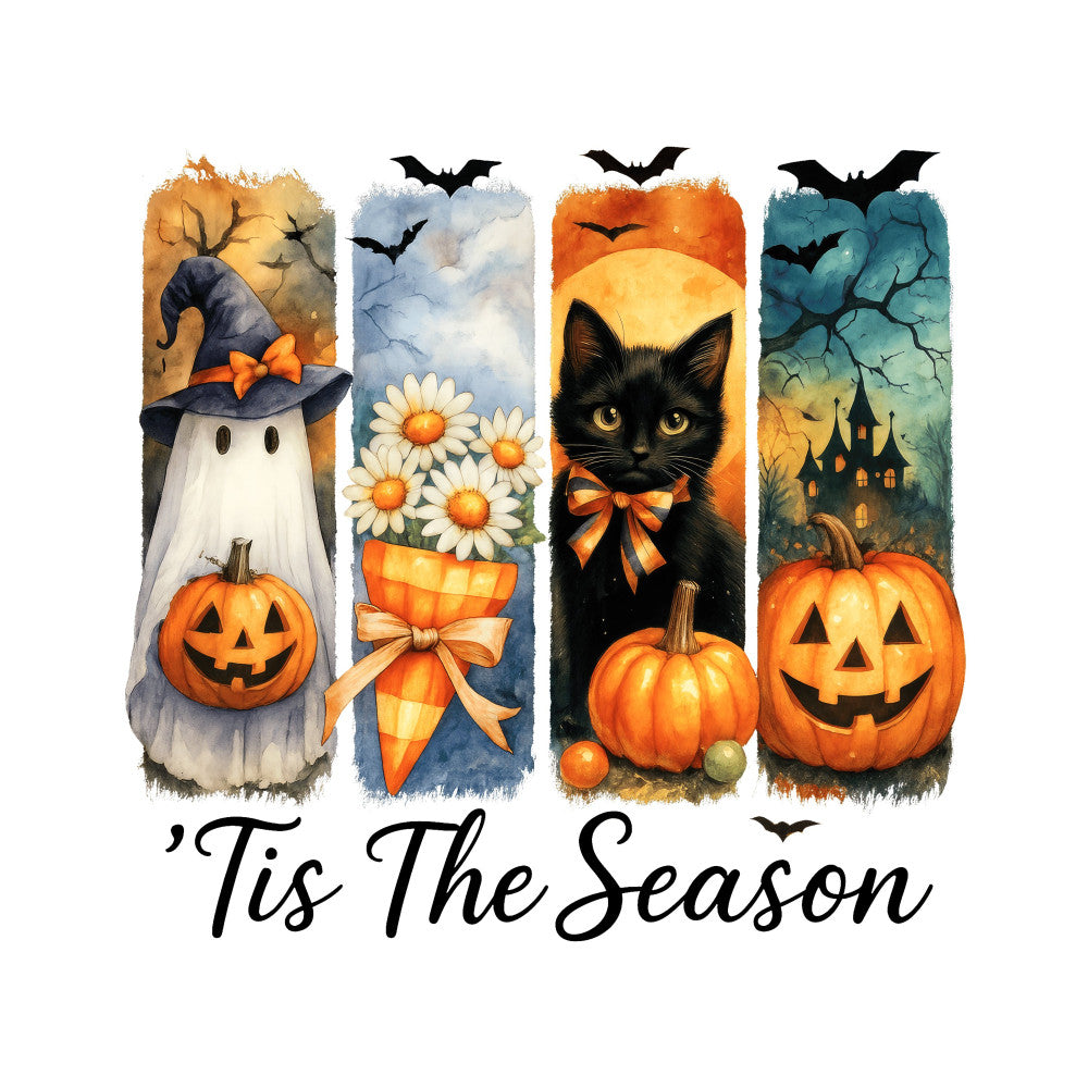 halloween, 'tis the season, ghost, black cat, jack-o-lantern, pumpkin, orange, black, white, cream, teal, golden yellow, autumn, fall, bats, haunted house, daisy flowers, witch hat, seasonal, holiday, whimsical, spooky, festive, trick-or-treat, orange bow, checkered ribbon, dark teal, burnt orange, wall hanging, home decor