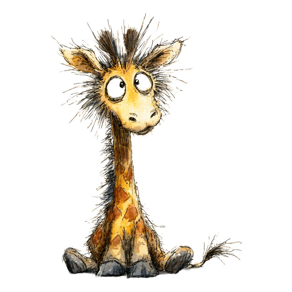 giraffe, animals, wildlife, children's, whimsical, cute, playful, baby, nursery, cream, tan, yellow, gold, brown, black, illustrated, ink drawing, watercolor, storybook, character, cartoon, nature, safari, african animals, gentle, sweet, expressive eyes, kids bedding, baby quilt, wall hanging
