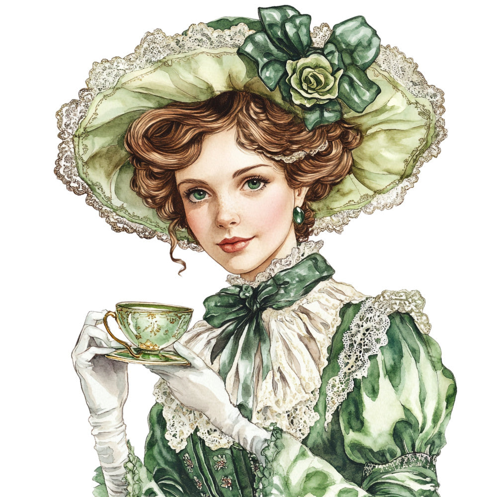 vintage lady, victorian woman, portrait, elegant woman, green and cream, sage green, ivory white, pale green, lace trim, roses, floral hat, feathered hat, tea cup, teacup, refined elegance, victorian style, feminine, romantic, antique, retro, classic beauty, spring fashion, edwardian era, period costume, decorative portrait, elegant dress, ornate details, feminine design, nostalgic, timeless beauty