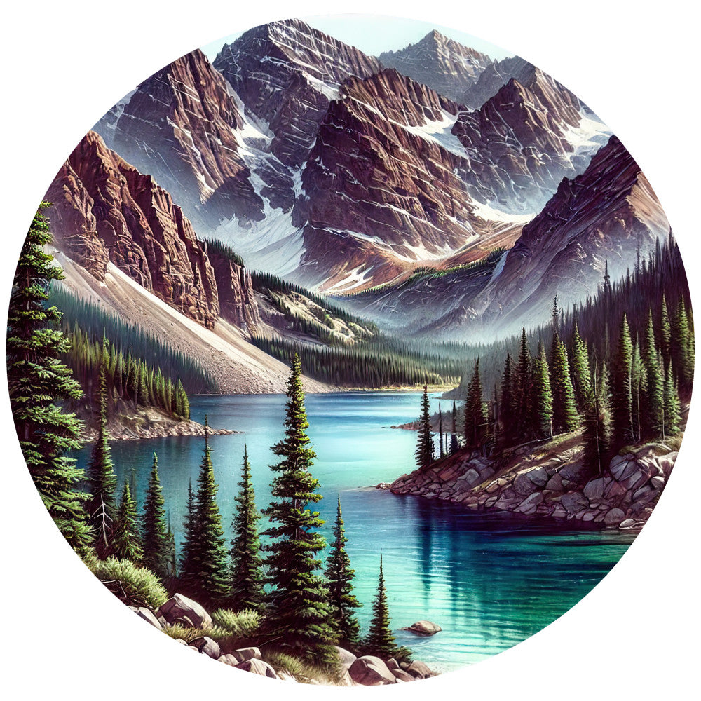 turquoise blue, forest green, purple mountains, snow-capped peaks, alpine lake, evergreen trees, rocky cliffs, landscape scene, circular panel, nature motif, mountain wilderness, coniferous forest, pristine water, glacial lake, outdoor adventure, scenic vista, fabric panel, quilting cotton, wilderness theme, peaceful atmosphere