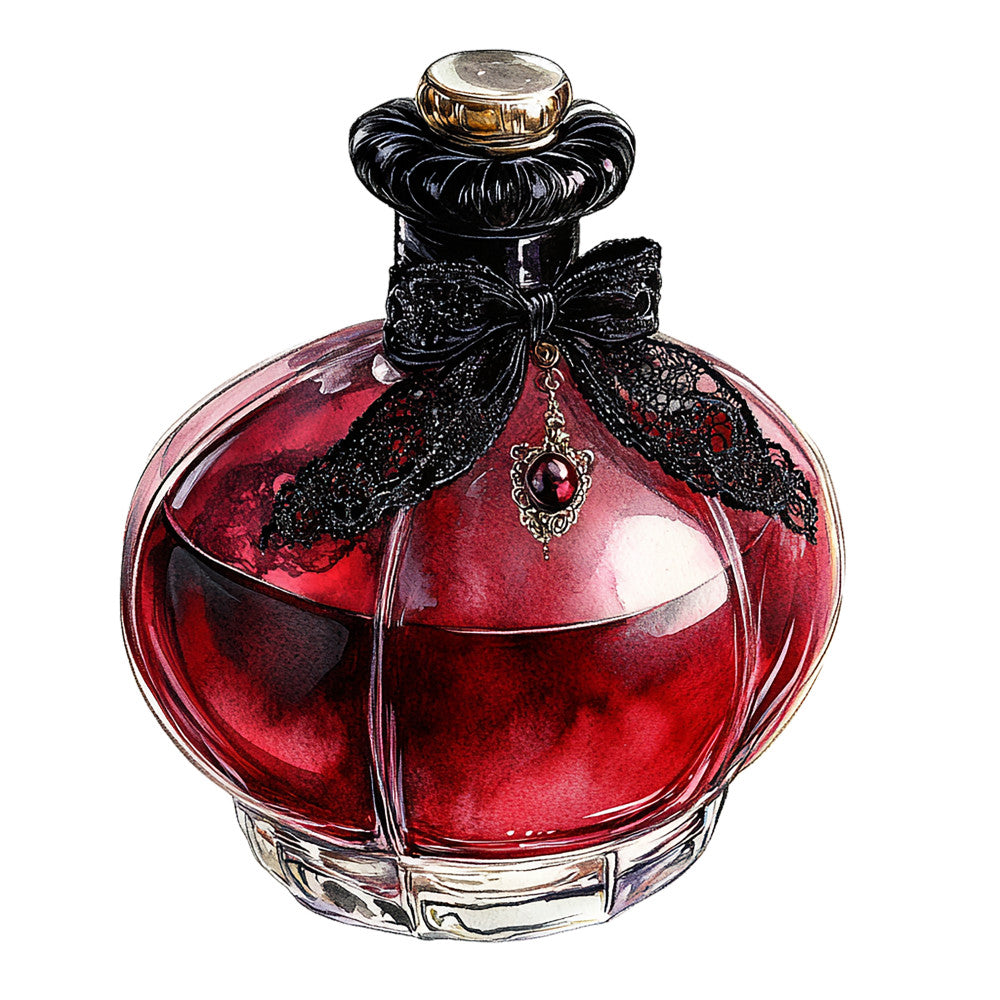deep red, burgundy, black, gothic, perfume bottle, ornate stopper, decorative bow, lace ribbon, vintage charm, romantic theme, luxurious glass, fabric panel, quilting cotton, victorian style, antique bottle, crimson liquid, elegant vessel, dark romance, ornamental details, jeweled accent