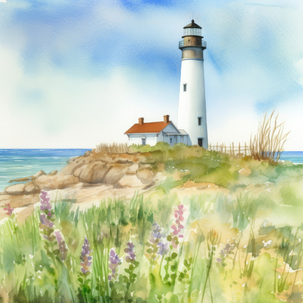 lighthouse, coastal, nautical, seaside, beach scene, wildflowers, lupine flowers, purple flowers, white lighthouse, ocean view, sand dunes, beach cottage, seaside cottage, blue ocean, sky blue, cream white, sage green, golden tan, sandy beige, watercolor style, cottage core, coastal living, summer, spring, nature scene, landscape, peaceful, rustic coastal, traditional, scenic