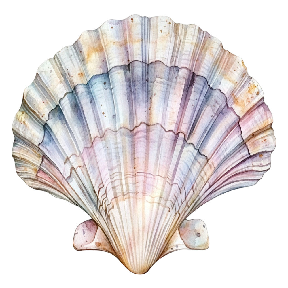 Watercolor Sea Shells Fabric Panel 22 showcasing a detailed, pastel-toned scallop shell design printed on premium quilting cotton.