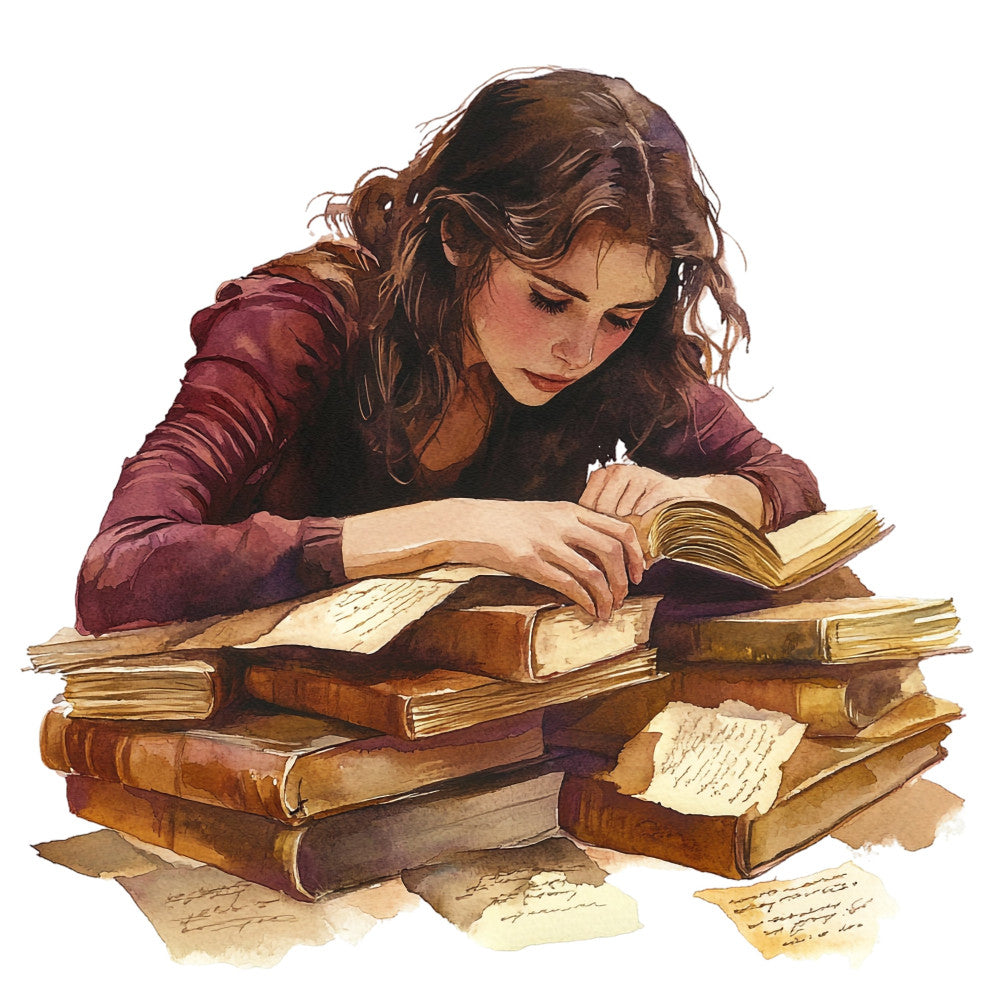 burgundy, wine red, brown, tan, cream, reading, books, vintage books, literary, education, scholar, girl, woman, portrait, figure, antique books, old books, stacked books, knowledge, learning, intellectual, nostalgic, vintage aesthetic, traditional, elegant, classic literature, bookish, academic, whimsical, story time