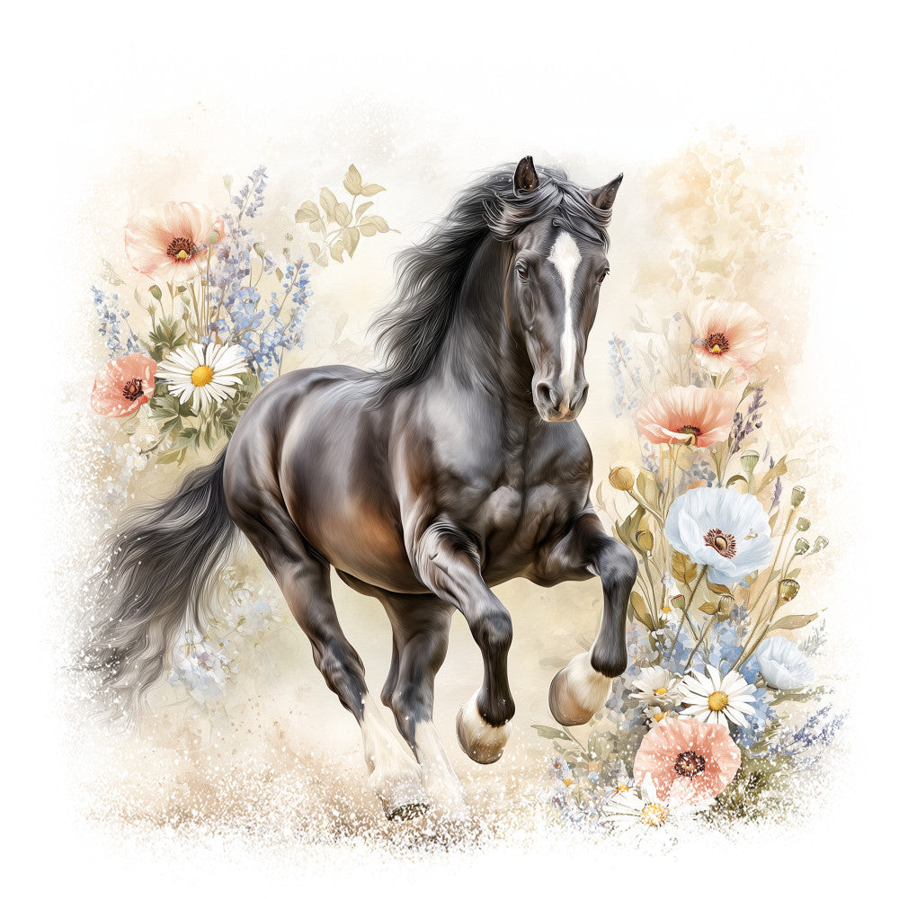 horse, galloping horse, floral design, wildflowers, daisies, poppies, lavender, gray horse, brown tones, peach flowers, white flowers, blue flowers, flowing mane, fabric panel, quilting cotton, watercolor style, soft pastels, cream background, nature scene, equestrian theme, botanical elements, artistic illustration