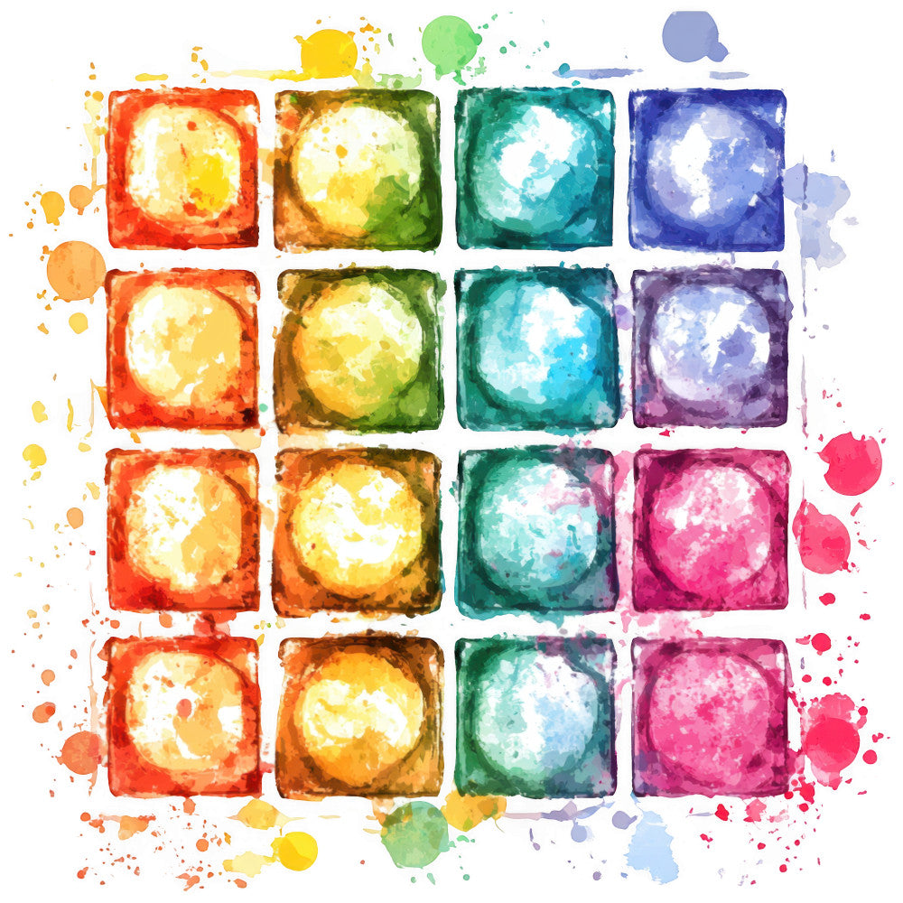 watercolor, bingo squares, rainbow colors, red, orange, yellow, green, teal, blue, purple, pink, geometric grid, paint splatters, fabric panel, quilting cotton, artistic style, colorful circles, squares pattern, craft project, sewing material