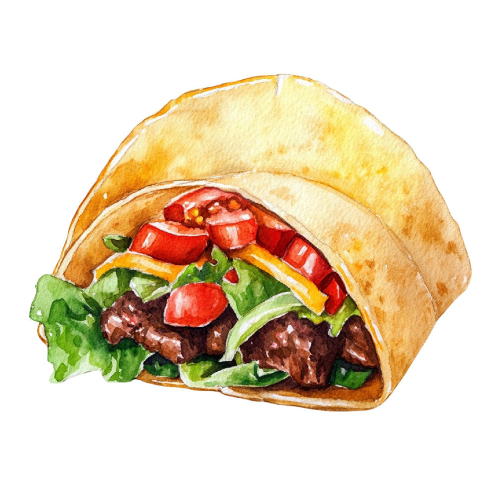 taco, food, mexican cuisine, fast food, sandwich, bread, lettuce, tomato, cheese, red pepper, yellow cheese, green lettuce, brown meat, beef, savory, food illustration, culinary, kitchen, restaurant, lunch, dinner, appetizer, food art, watercolor, detailed, realistic, bold colors, warm tones, golden brown, bright red