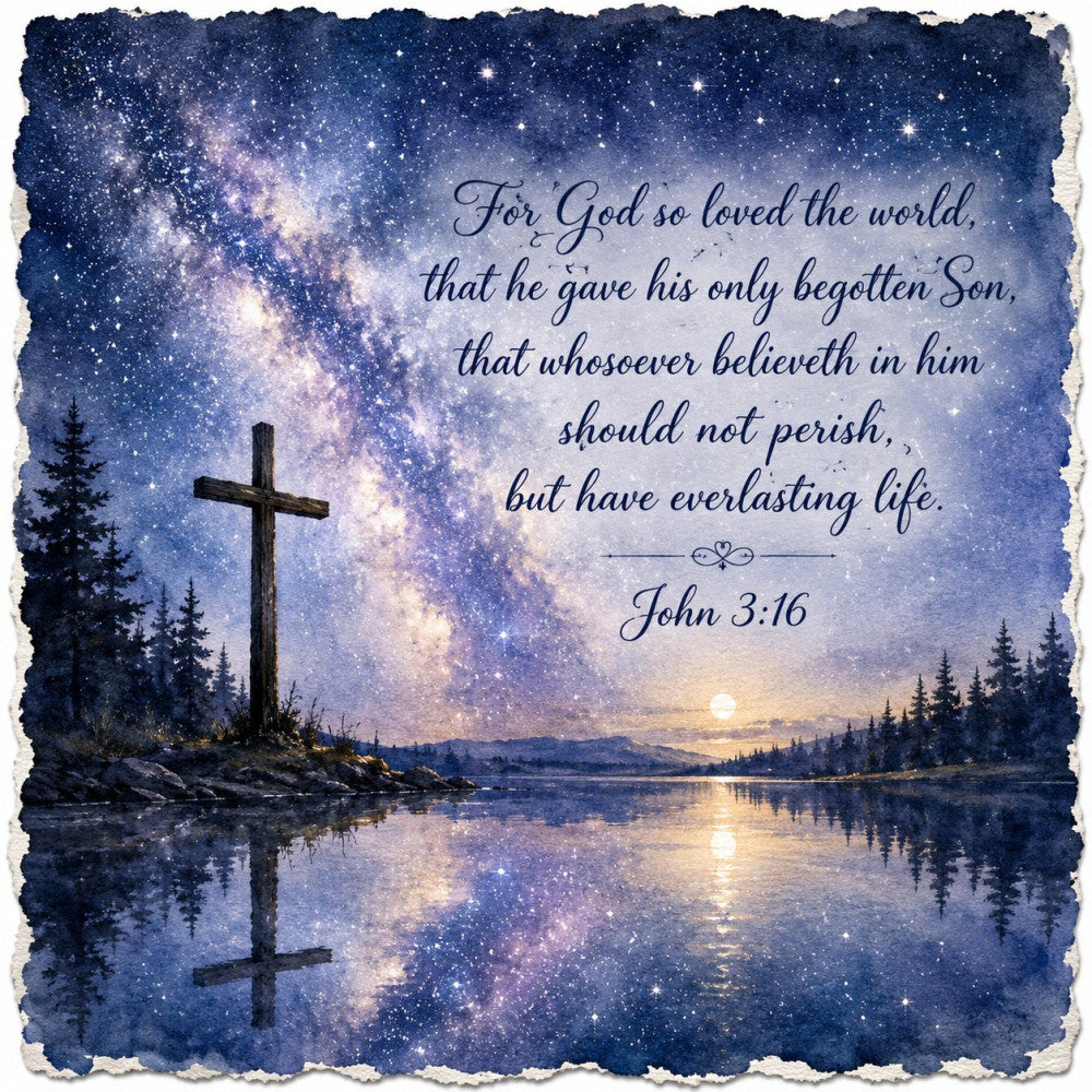 navy blue, deep blue, starry night, galaxy, celestial, stars, cross, religious, spiritual, faith, inspirational, nature, landscape, forest, pine trees, lake, water, reflection, sunset, sunrise, twilight, john 3:16, scripture, bible verse, peaceful, serene, tranquil, elegant, spiritual themes, winter