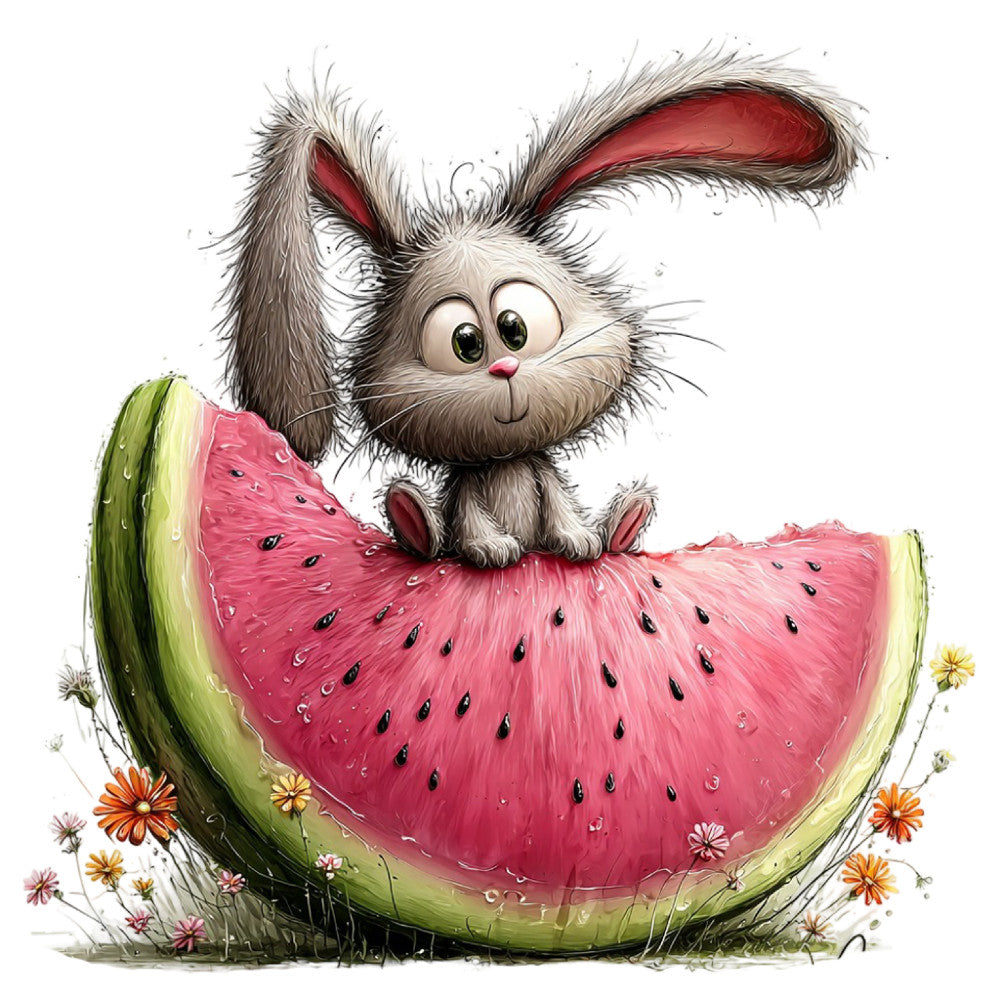 cute bunny, whimsical rabbit, watermelon, pink, coral pink, red, lime green, spring, summer, animals, children's, playful, illustration, cartoon, sweet, adorable, nature, fruit, flowers, daisies, daisy print, child-friendly, nursery, baby quilt, storybook, whimsical style, vibrant colors, artistic, hand-painted look, character panel